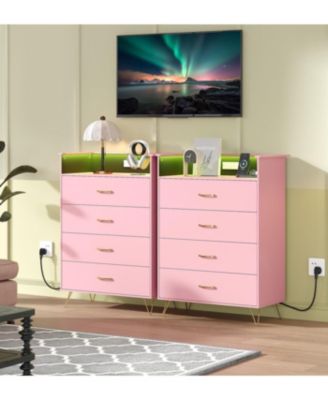 4 Drawer Wooden Dressers for Bedroom with LED Lights & Charging Station, Modern Nightstand for Bedside, Wood Chest of Drawers with App Control