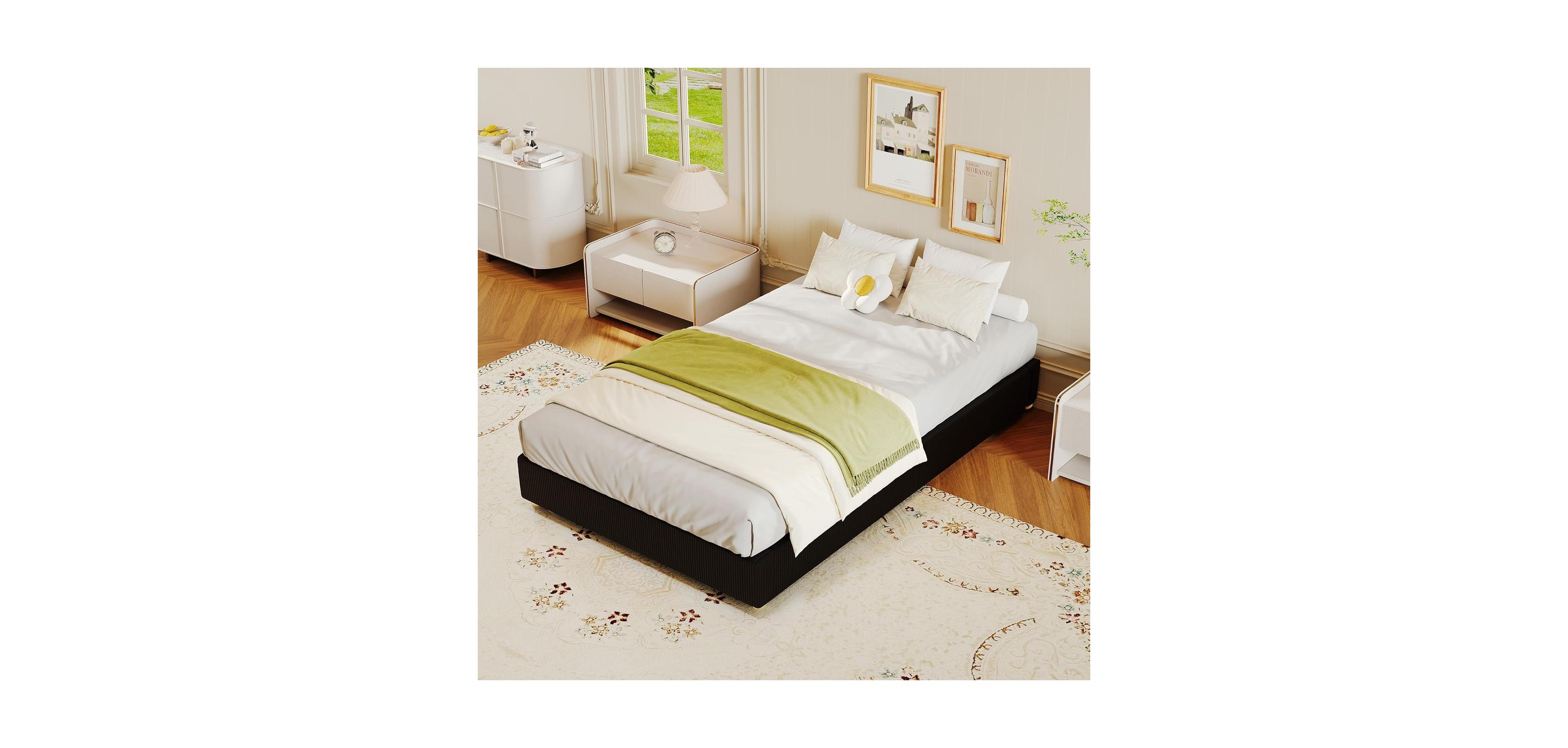 gaomon Twin Cloud Bed Frame, Soft Corduroy Fabric Low Platform Bed with Solid Wood Round Legs, Noiseless Bed Frame Without Headboard