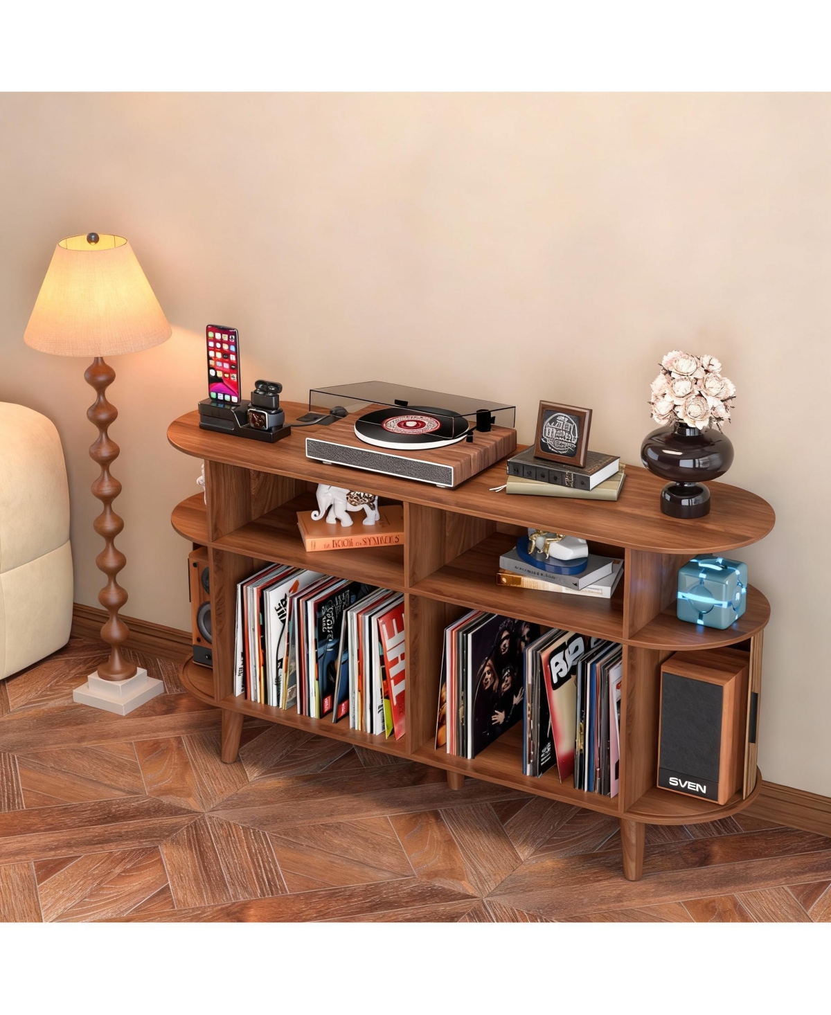 Yigii Mid-Century Modern Record Cabinet with Charging Station & Storage