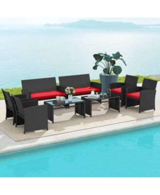 Set of 8 Patio Conversation Set w/Seat Cushions & Tempered Glass Tabletop Porch Outdoor