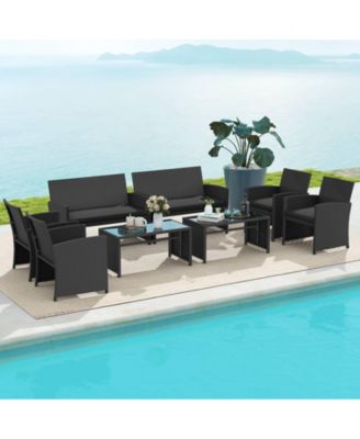Set of 8 Patio Conversation Set w/Seat Cushions & Tempered Glass Tabletop Porch Outdoor