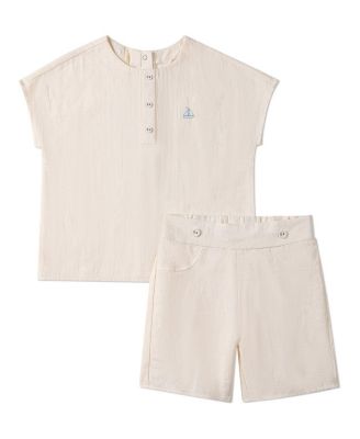 Little Boys 2 Piece "Set The Sail" 100% Cotton Embroidered Shorts Set