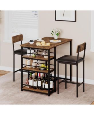 3 Piece Counter Height Bar Table Set with 3 Storage Shelves, Dining Table and 2 Upholstered Bar Chairs for Small Spaces
