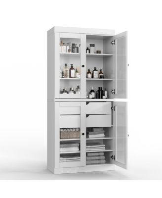 100% Solid Wood 32" Bathroom Storage Cabinet with Clear Glass Doors, 2-Drawers & Adjustable Shelves