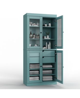 100% Solid Wood 32" Bathroom Storage Cabinet with Clear Glass Doors, 2-Drawers & Adjustable Shelves