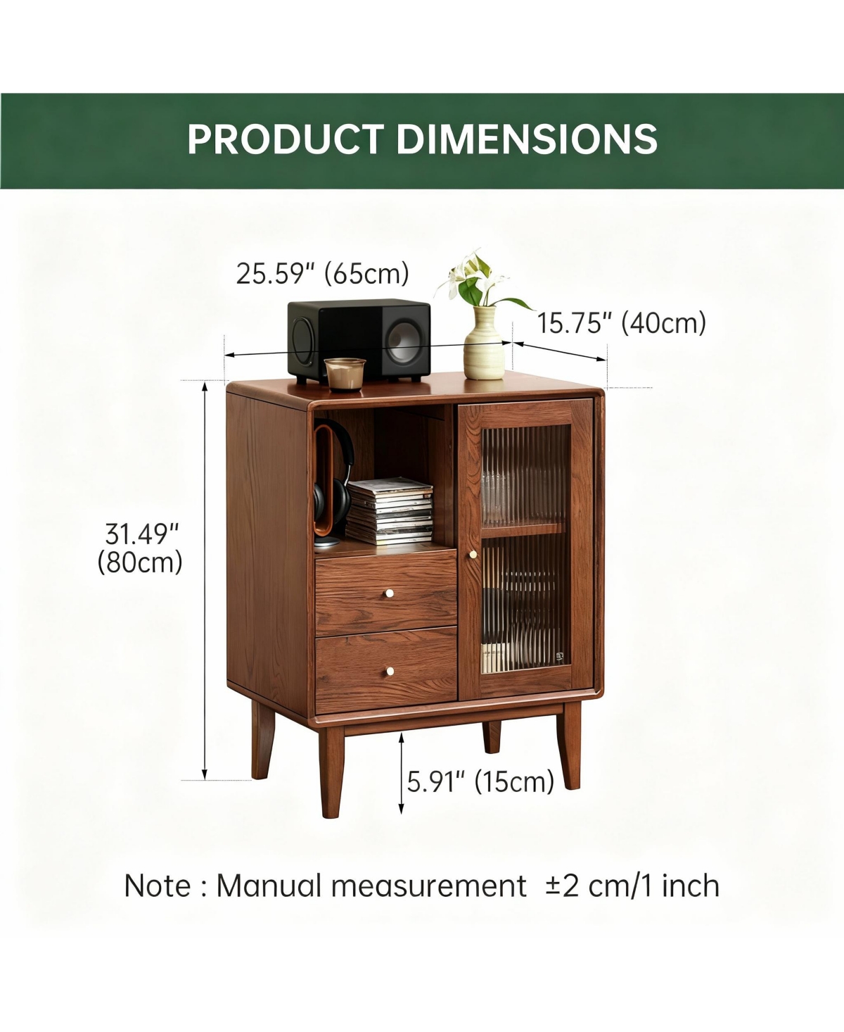 Yigii Solid Wood Cabinet with Glass Doors & Drawers for Living Room