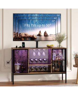 47 Inch Industrial Coffee Bar Cabinet with Led Lights and Power Outlets Wood Liquor Cabinet with 2 Doors Glass Holders & Storage