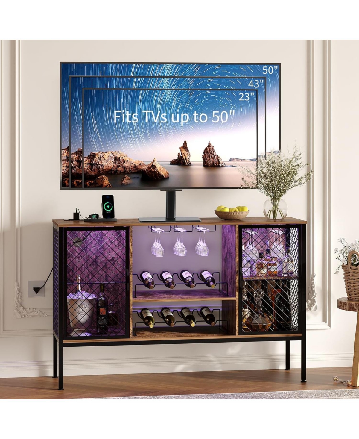 gaomon 47 Inch Industrial Coffee Bar Cabinet with Led Lights and Power Outlets Wood Liquor Cabinet with 2 Doors Glass Holders & Storage