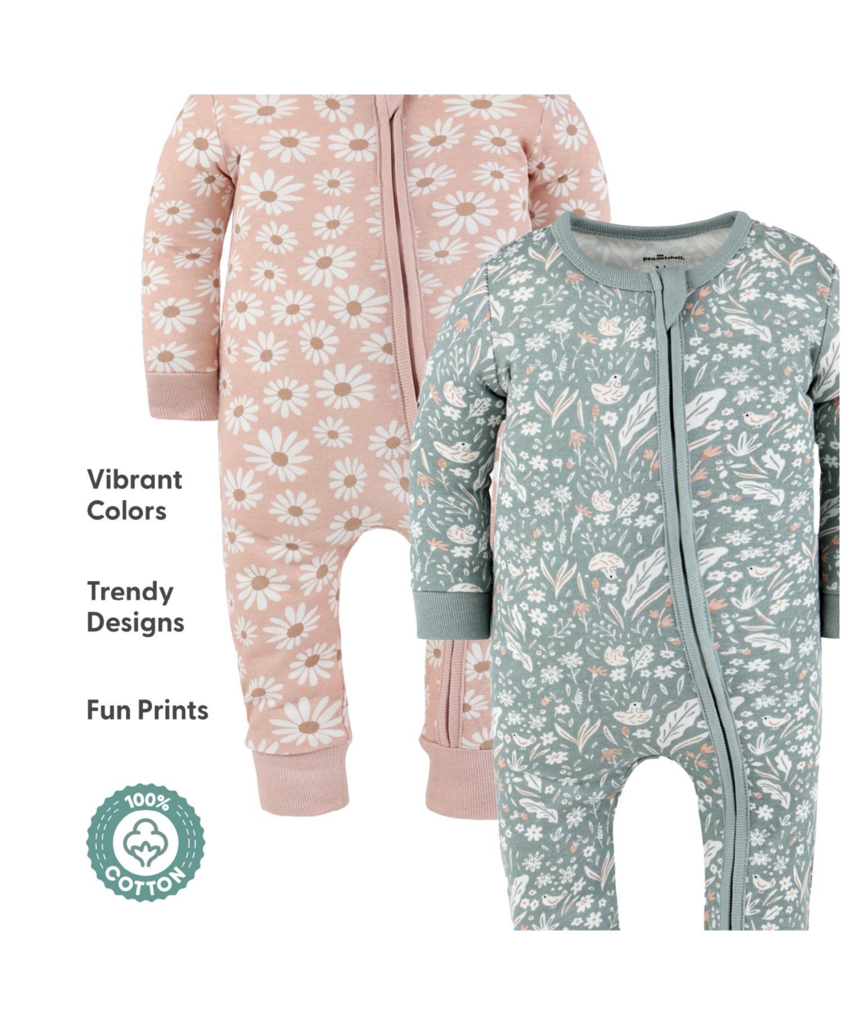 The Peanutshell Baby Girls Boho Meadow Cotton 2 Pack Footless Pajamas