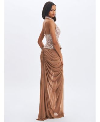 Women's Nancie Apricot Beaded Halter Peplum Pleated Maxi Dress