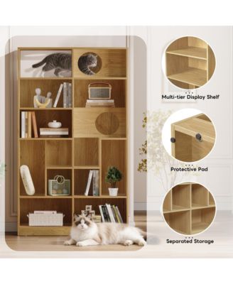 2 IN 1 Wood Bookshelf Cat House for Cat Lover, Cat Tree Display Case, 5 Tier Storage Shelves with Round Hollow Door for Study Room - Natural