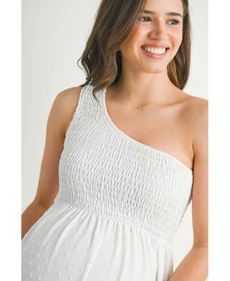 Maternity One-Shoulder Smocked Swiss Dot Midi Dress