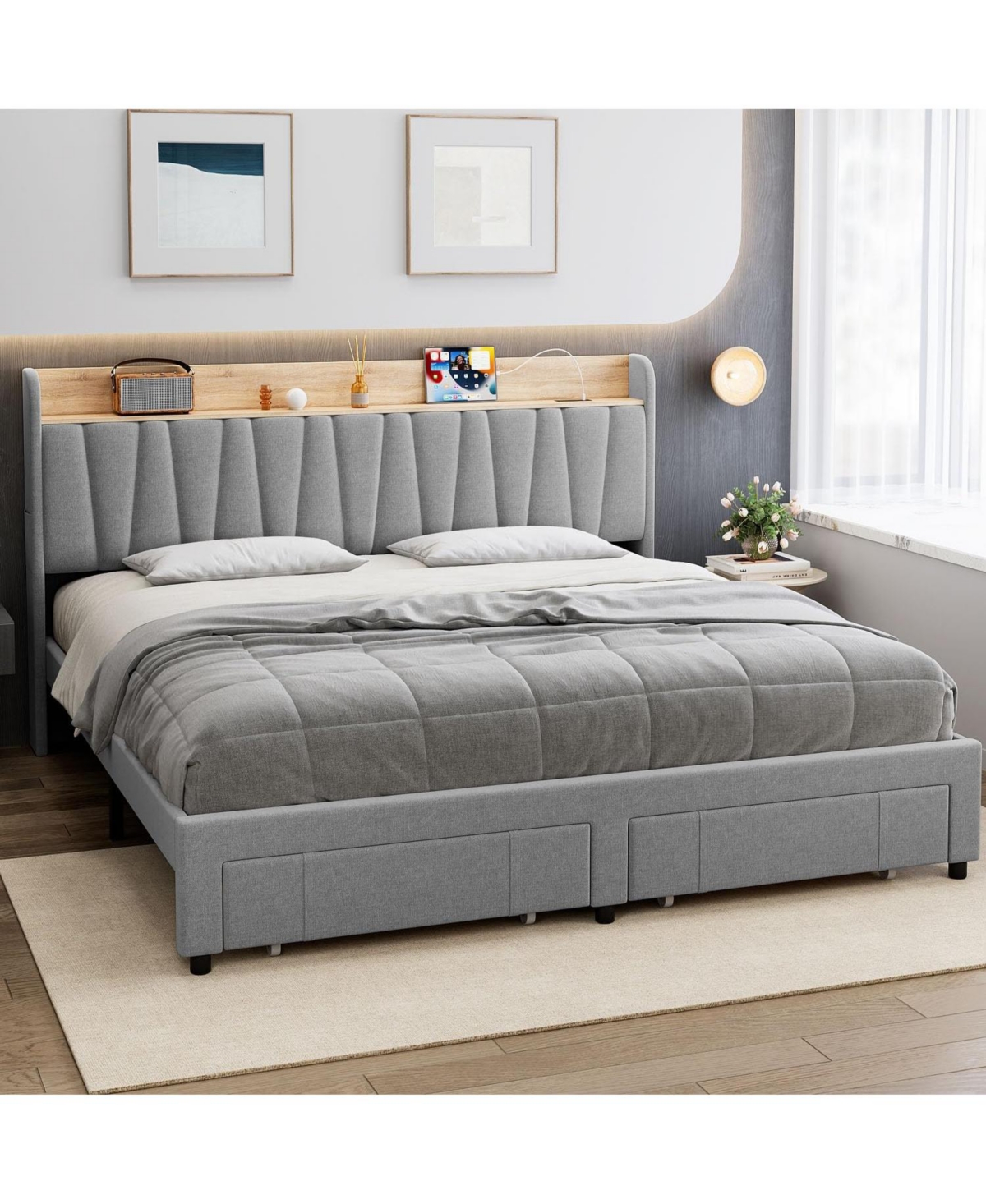 gaomon Bed Frame with Storage Headboard and Charging Station, Platform Bed Frame with Drawers, Heavy Duty, No Box Spring Needed
