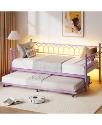 Twin Daybed with Trundle, Metal Sofa Bed Frame with Charging Station & LED Lights, Pull-Out Trundle for Bedroom, Guest Room, Small Spaces