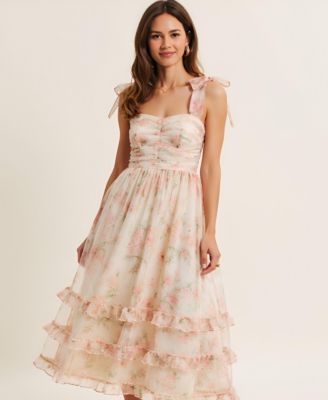 Women's Floral Tiered Ruched Bodice Tie-Shoulder Midi Dress
