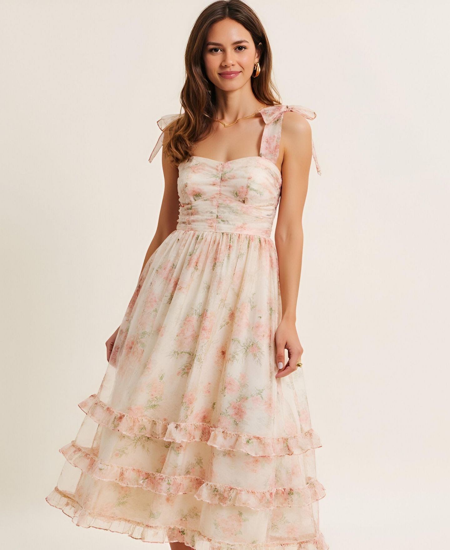 Женское платье Modenaire Floral Tiered Ruched Bodice Tie-Shoulder Midi, цвет: Кремовый розовый с принтом — фото 7