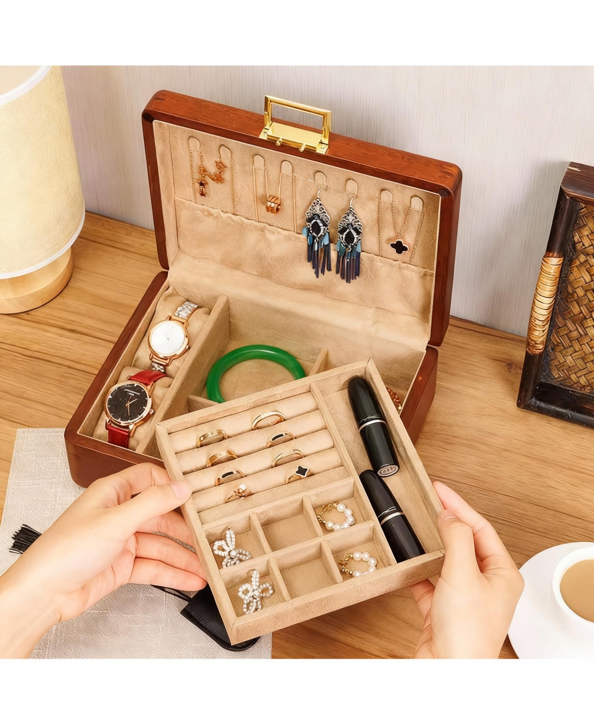 Yigii Solid Wood Jewelry Box with Lock for Watches, Earrings, Rings, Necklaces