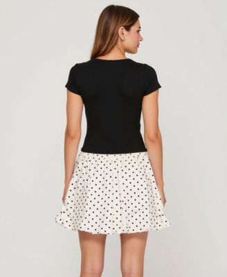 Women's Fitted Knit Bodice Polka Dot Bubble Skirt Dress