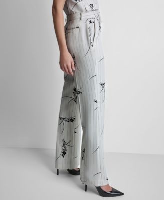Women's Pinstripe Floral Mid-Rise Flared Pants