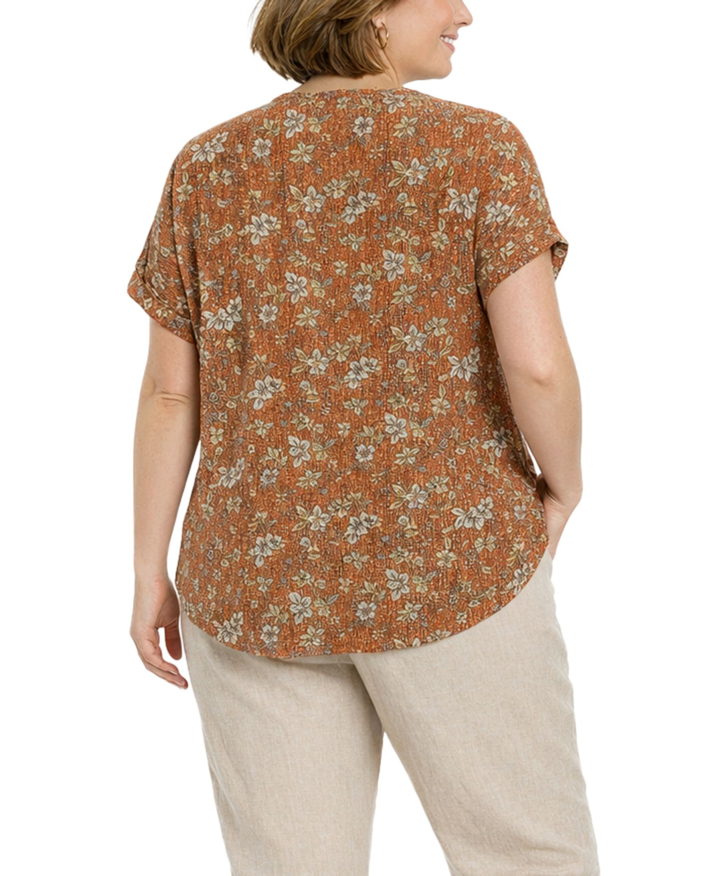 Женский топ COIN 1804 Plus Size Boho Floral Rib Zip Front Dolman, цвет: Ржавый — фото 5
