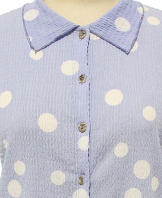 Plus Size Polka Dot Crinkle Knit Button Short-Sleeve Button Shirt