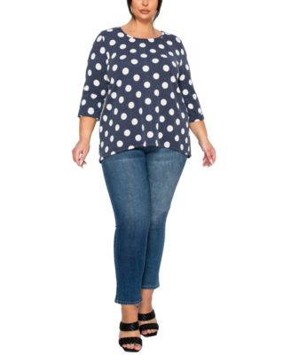Plus Size Polka Dot Double Knit Button Back 3/4 Rolled Sleeve Top