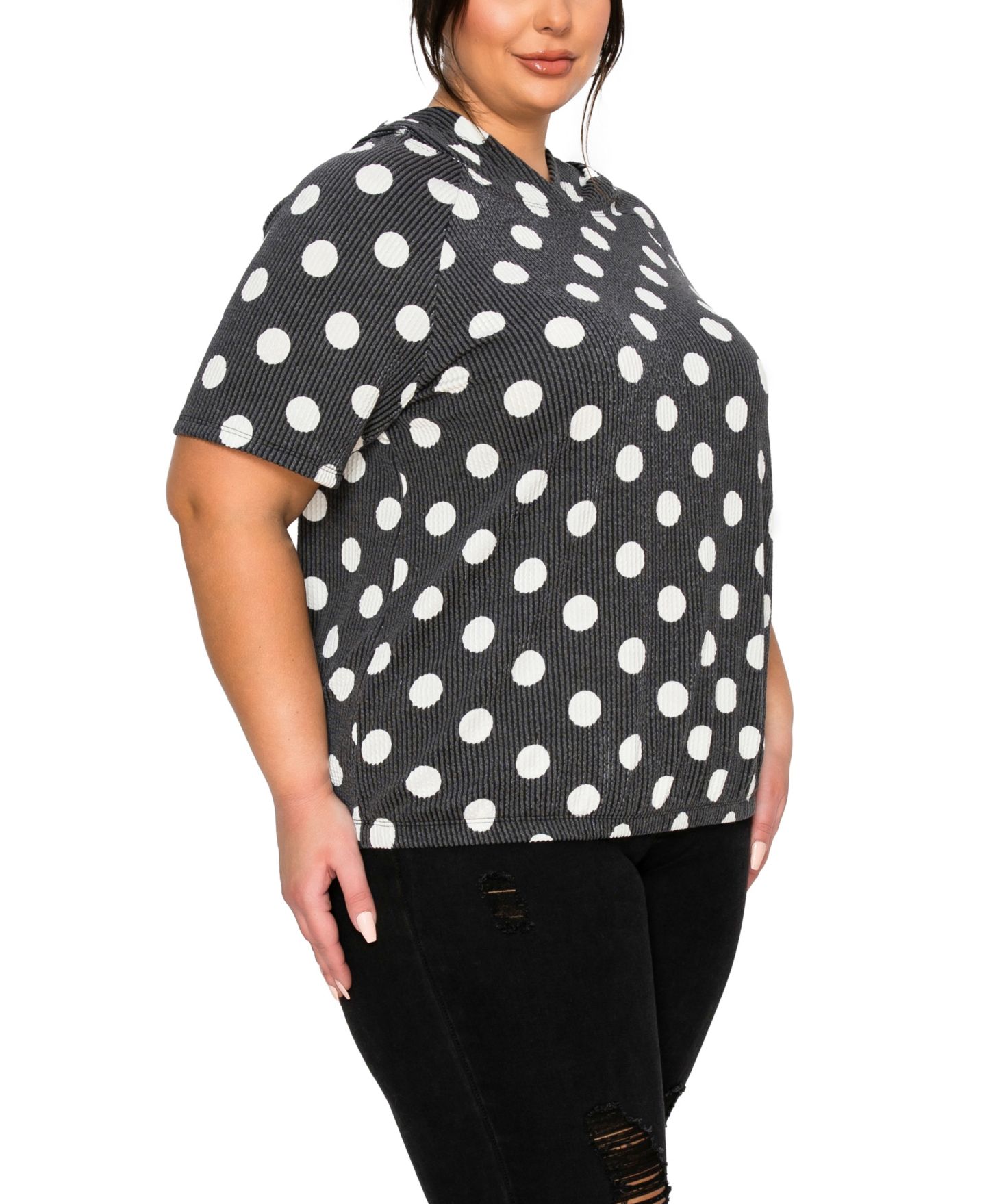 Женское худи COIN 1804 Plus Size Polka Dot Double Knit Short- Sleeve Elastic Hem Top, цвет: Чёрный / Белый — фото 3