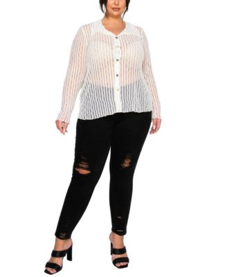 Plus Size Vertical Floral Stripe Lace Button-Front Shirt