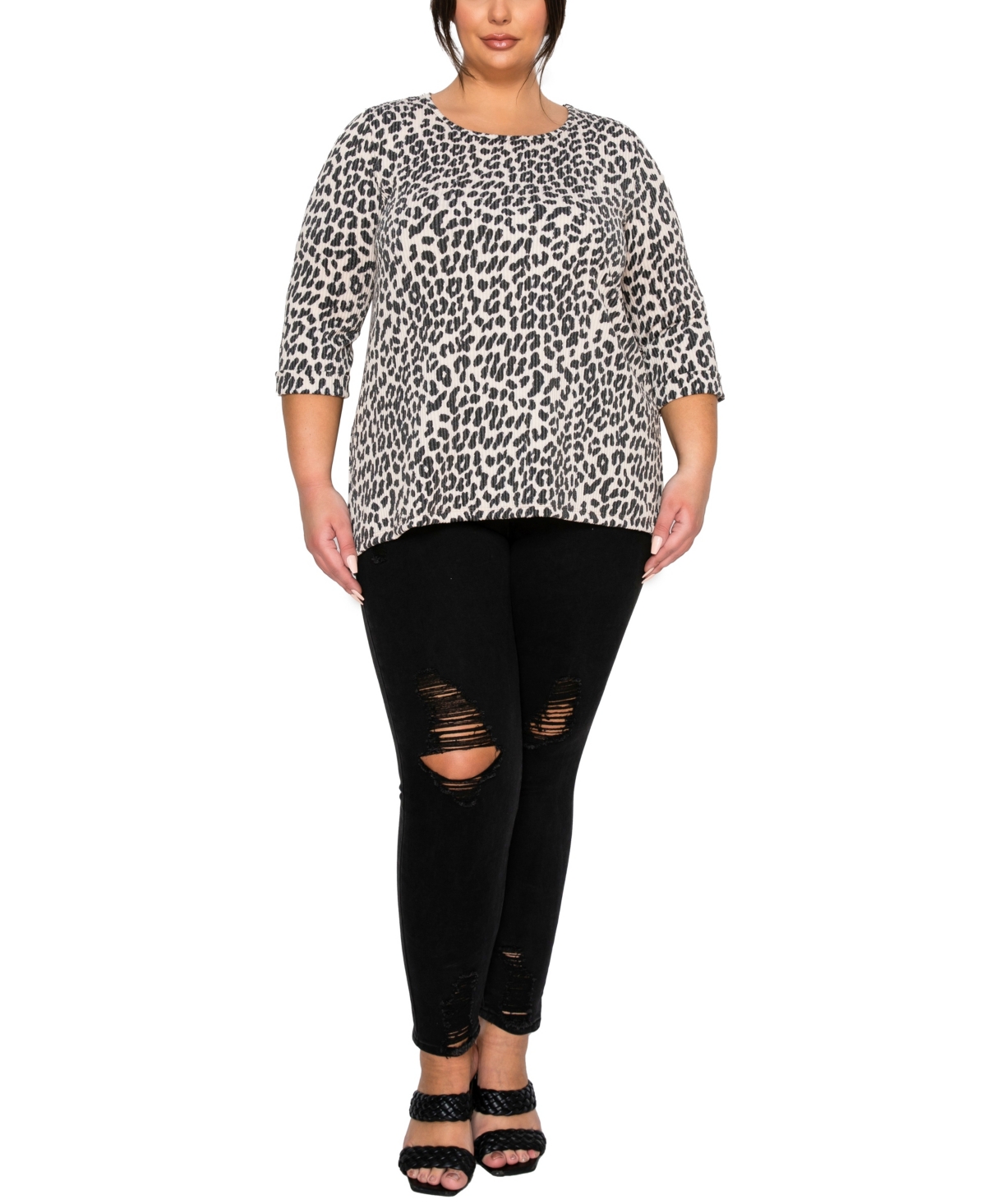 Coin 1804 Plus Animal Double Knit Textured Button Back 3/4 Rolled Sleeve