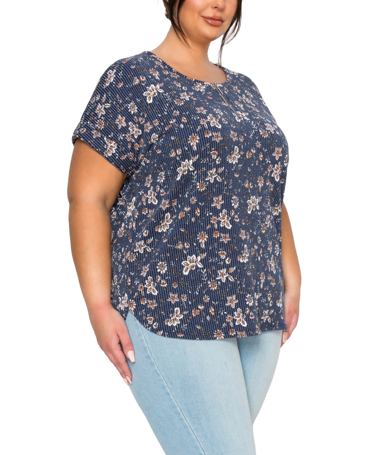 Coin 1804 Plus Boho Floral Rib Zip Front Dolman Top