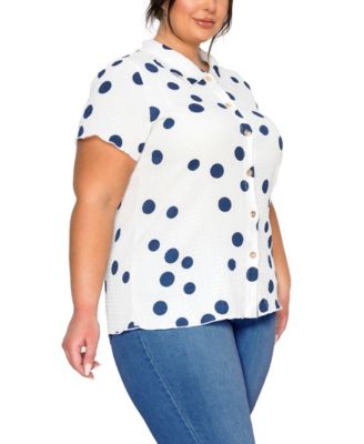 Plus Size Polka Dot Crinkle Knit Button Short-Sleeve Button Shirt