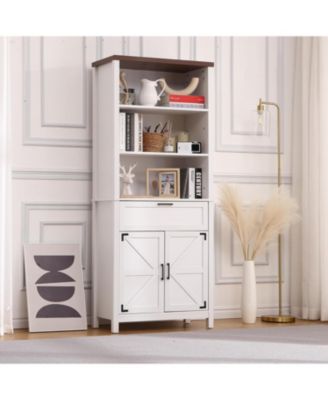 72" Tall Farmhouse Bookshelf with Barn Doors – Freestanding Bookcase with Storage Cabinet, Adjustable Shelves, Wood Display Shelves for Bedroom