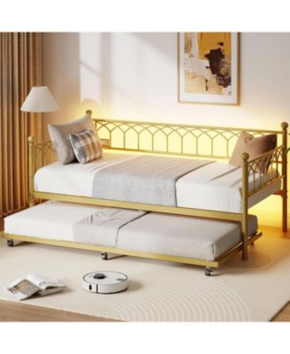 Twin Daybed with Pull-Out Trundle, LED Lights & Charging Station, Metal Sofa Bed,