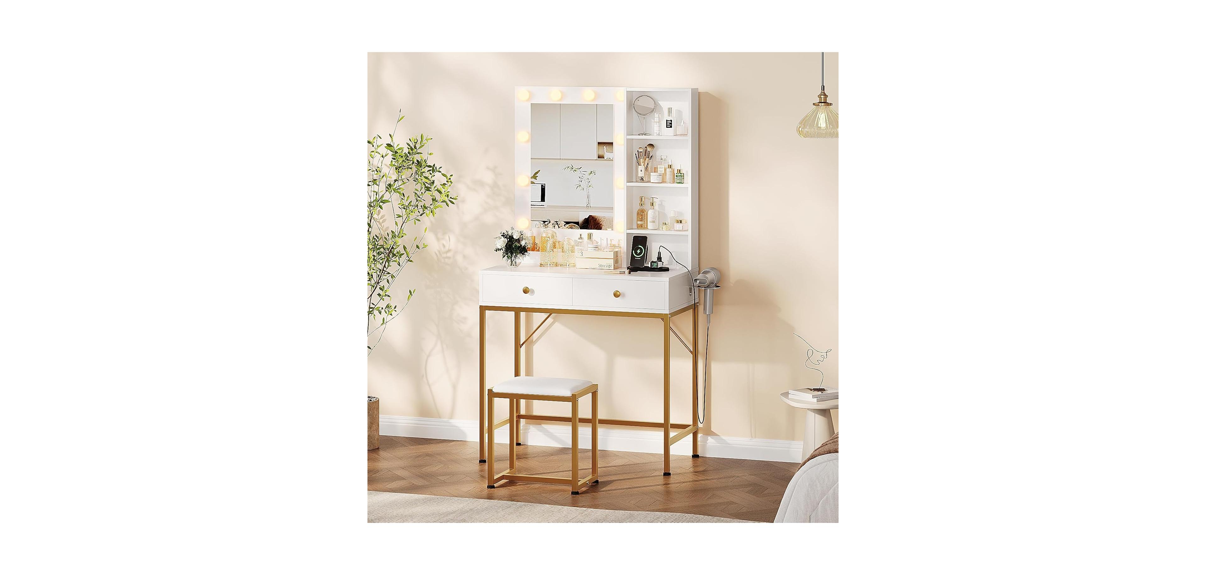 gaomon “Vanity Desk with Mirror, Lights, Chair & Charging Station – Adjustable Lighting Makeup Set”
