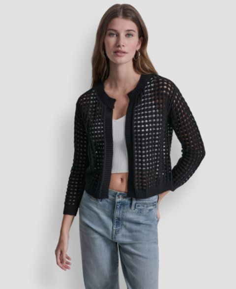 Женский кардиган DKNY Jeans Petite Open-Stitch Drop-Shoulder Cardigan, цвет: Чёрный