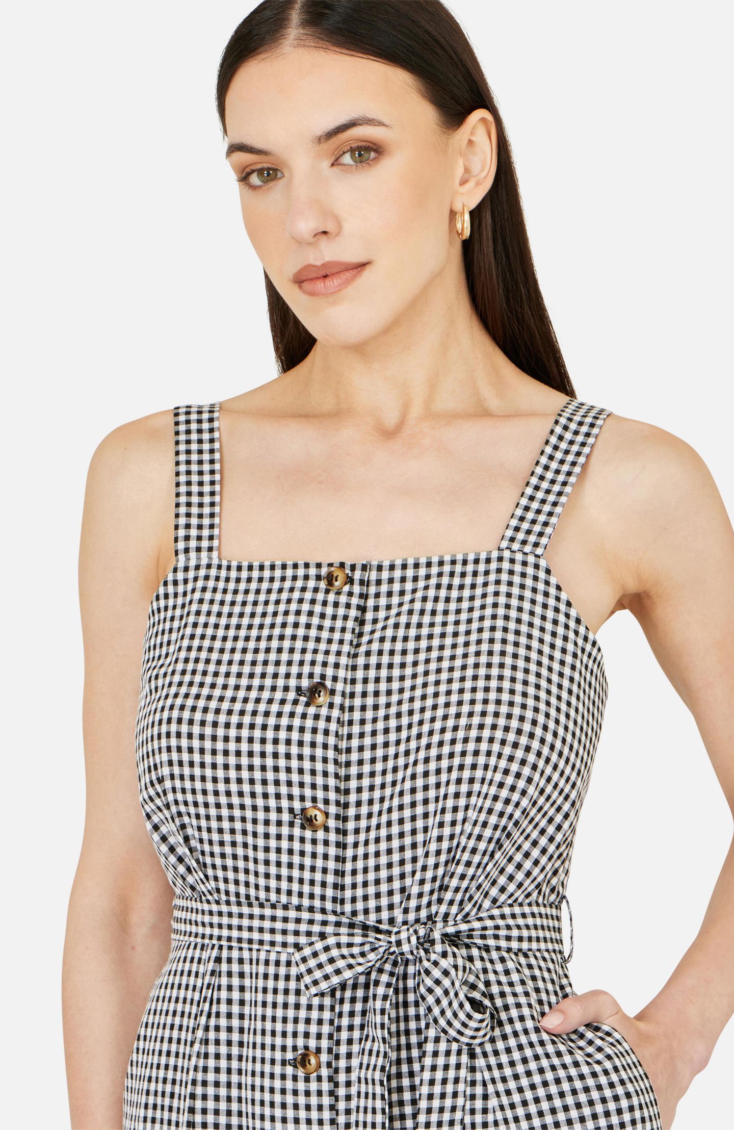 Женский комбинезон Yumi Gingham Button Through Jumpsuit, цвет: Чёрный — фото 3