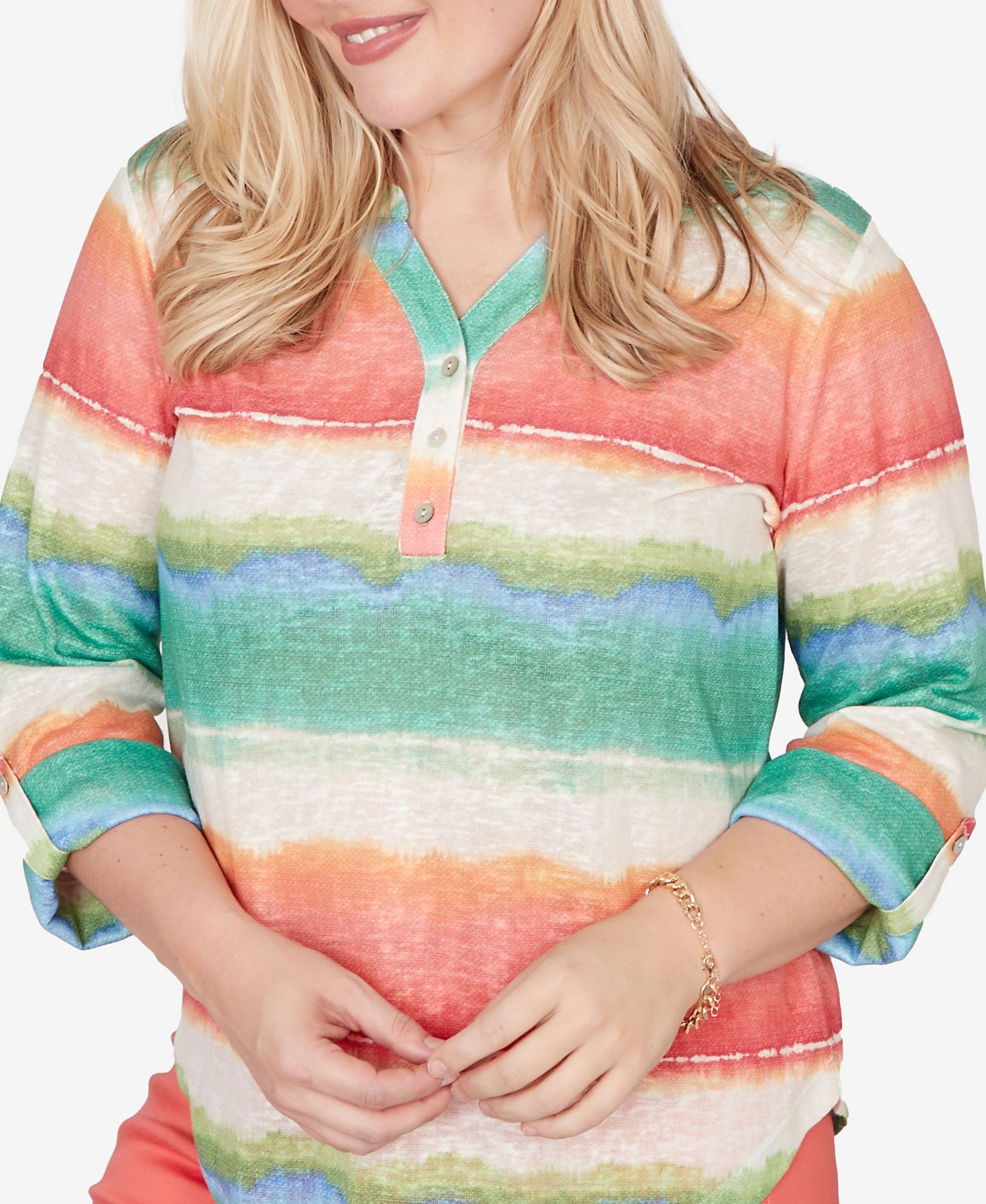 Женский топ Alfred Dunner Petite Resort Living Biadere Tie Dye Stripe Henley, цвет: Оранжевый разноцветный — фото 3