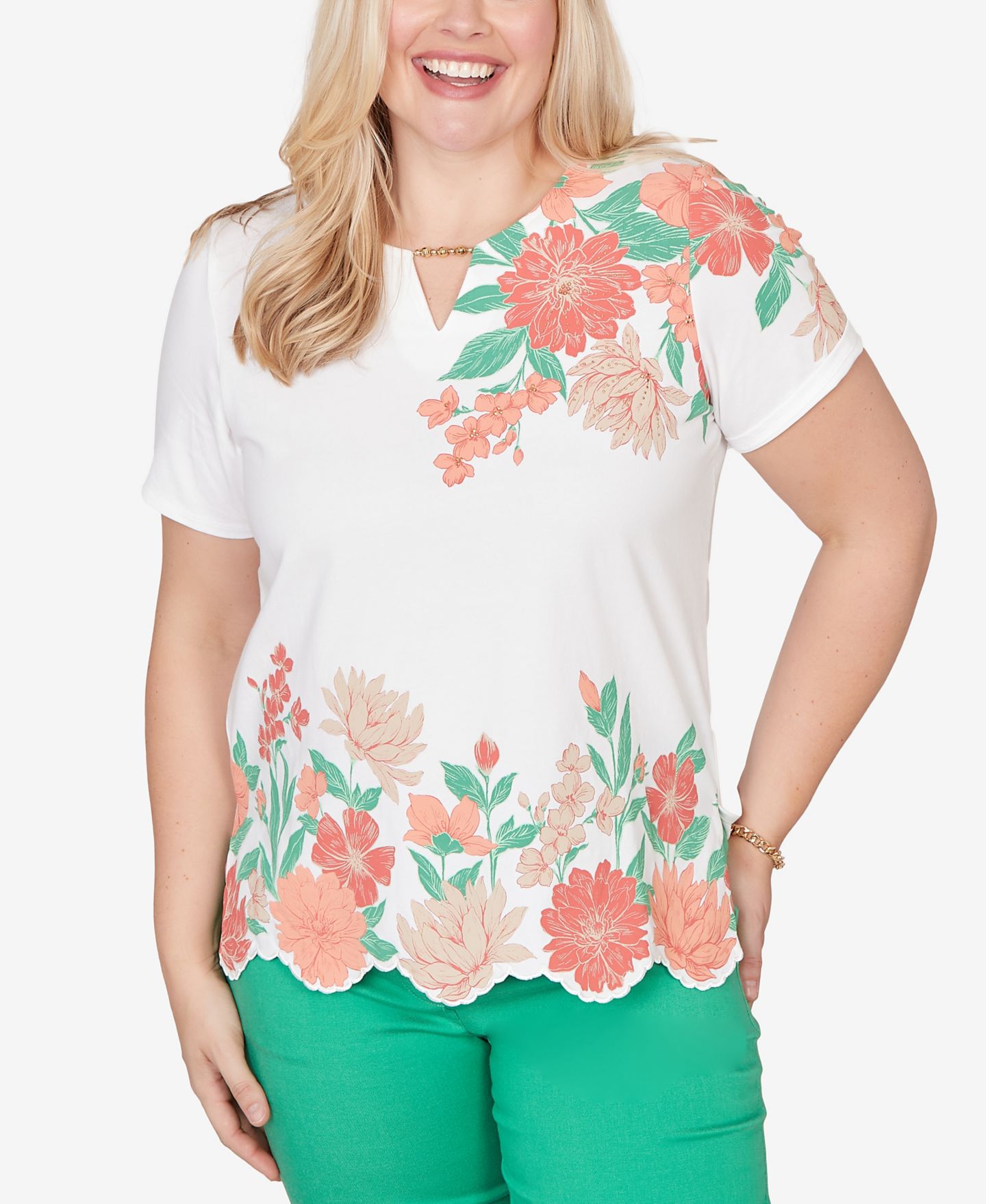 Женский топ Alfred Dunner Petite Resort Living Floral Scallop Border, цвет: Оранжевый разноцветный — фото 1
