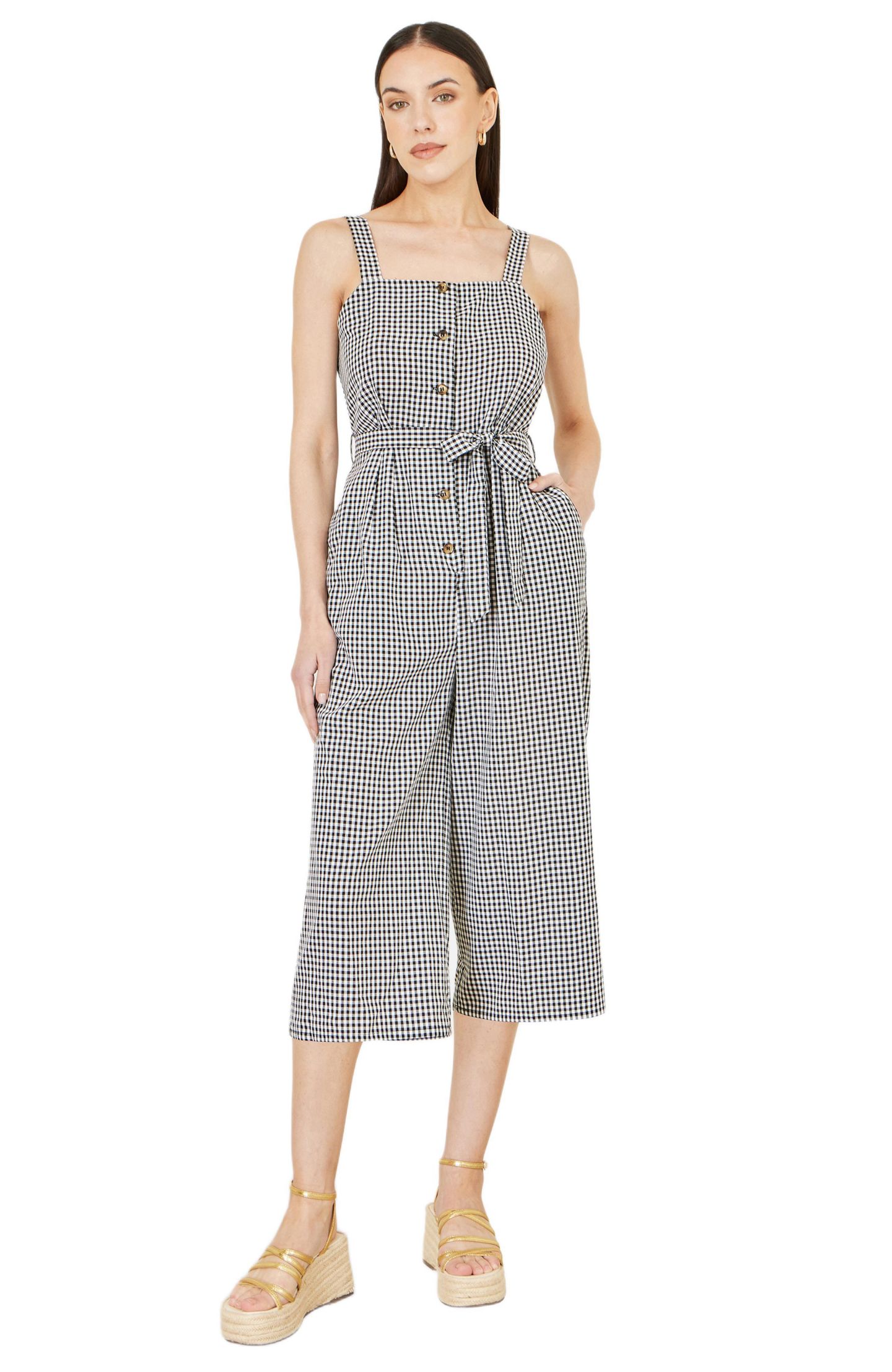 Женский комбинезон Yumi Gingham Button Through Jumpsuit, цвет: Чёрный — фото 1