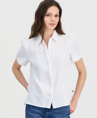 Women's Cotton Bobble-Trim Short-Sleeve Shirt 