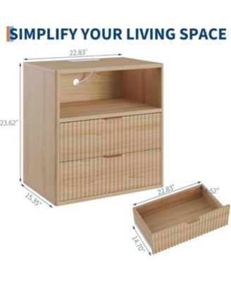 Fluted Farmhouse Night Stand with Charging Station, 23" Mid-Century Modern Nightstand, 2 Drawers End Table, Wood