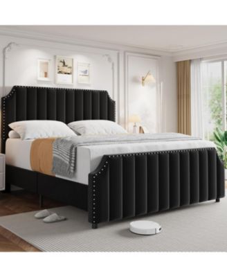 Queen Size Bed Frame, Platform Bed Frame with Velvet Upholstered 50.2'' Headboard, Rivet Decoration, Strong Wooden Slats, No Box Spring Needed