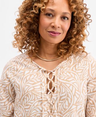 Women's Printed Lace-Up Linen-Blend Top