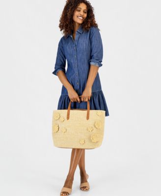 Stud Floral Applique Straw Large Tote