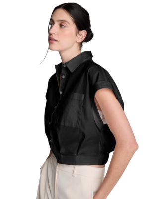 Women's Button Front Collared Cropped Shirt