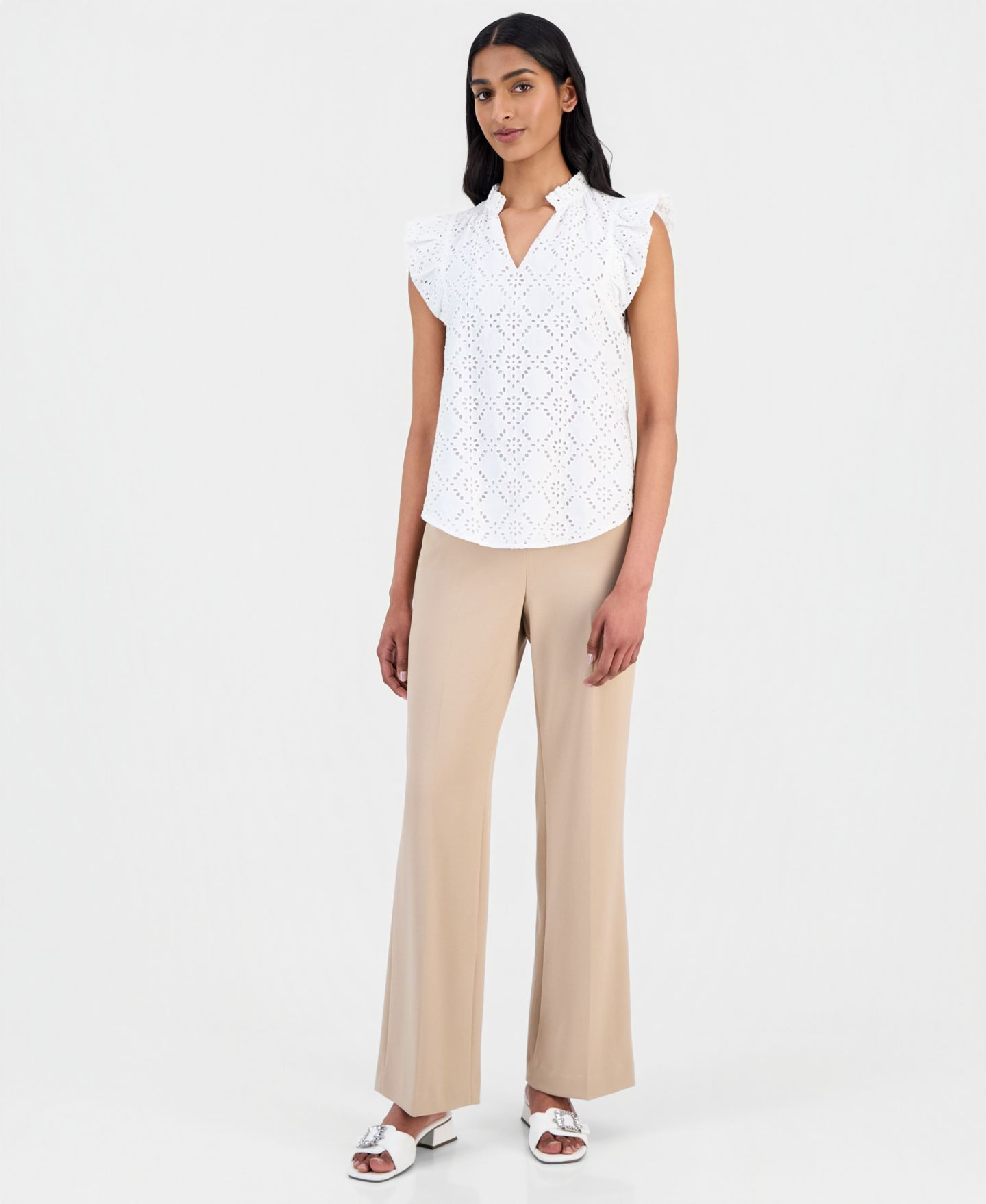 Женский топ Anne Klein Cotton Eyelet Flutter-Sleeve Top, цвет: Яркий белый — фото 2