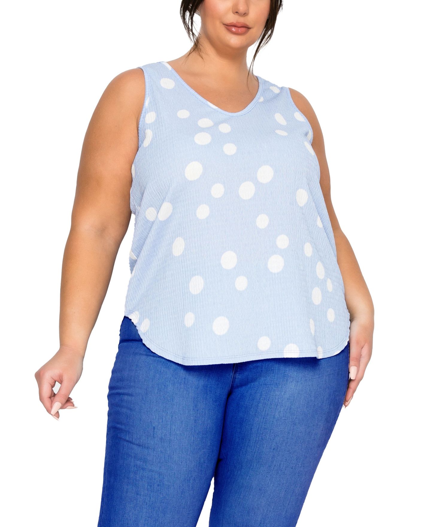 Женский топ COIN 1804 Plus Size Polka Dot Crinkle Knit Double V-Neck, цвет: Синий / Слоновая кость — фото 1