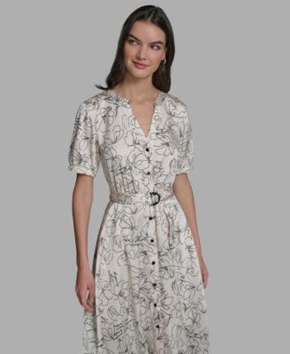 Women's Printed Puff-Sleeve Tie-Waist Belt Midi Dress