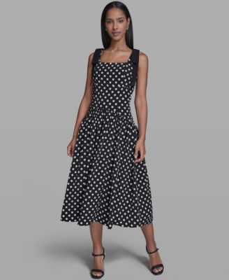 Women's Sleeveless Polka Dot Bow Strap Midi Dress