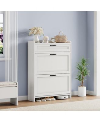 “Shoe Cabinet with 2 Flip Drawers & Top Drawer, Adjustable Shelf Entryway Storage”